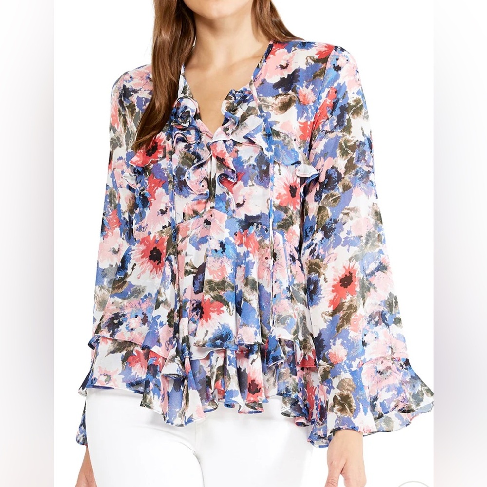 Misa Los Angeles Damaris Top Women's Sz XS Tie-Dye Floral Ruffle Blouse Flowy‎